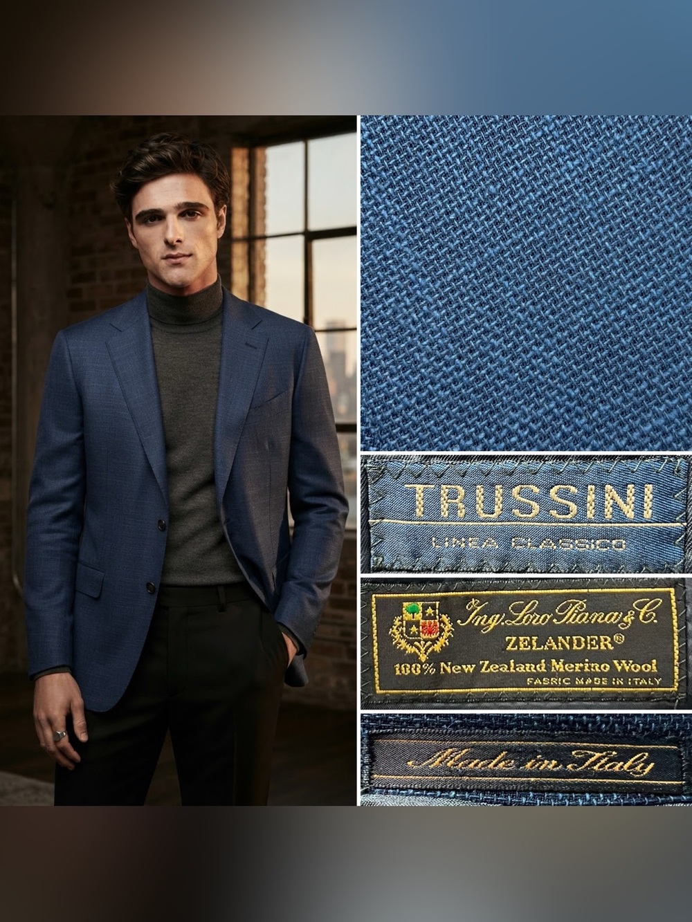 Trussini Loro Piana Zelander Merino Wool Men's 46L Blue Hopsack Blazer Jacket
